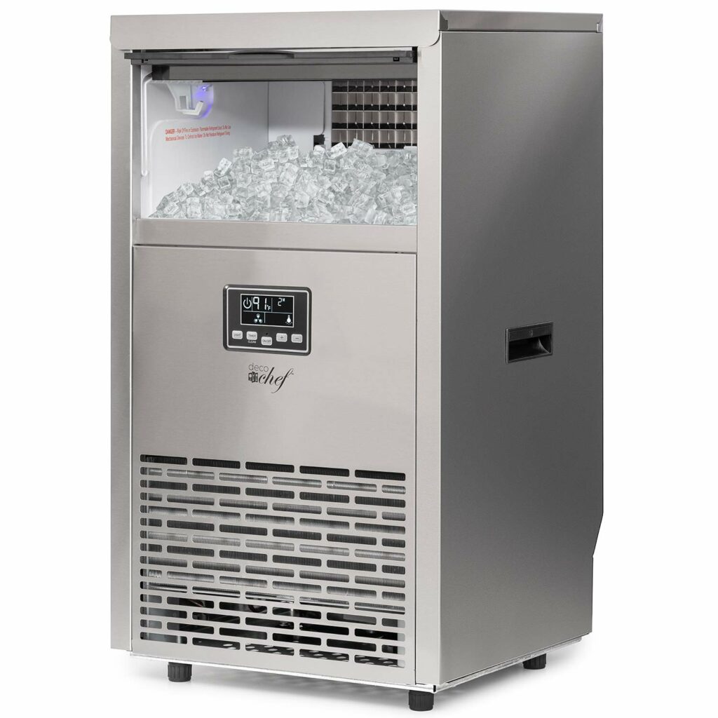 Deco Chef Floor Standing Ice Maker 99lb Every 24 Hours 33lb Storage Capacity Stainless Steel Great for Homes, Basements, Bars, Garages, Pool Houses, Includes Connection Hoses and Ice Scoop