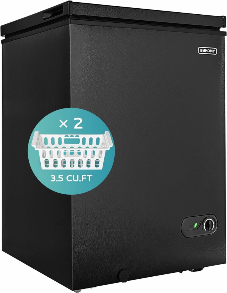 EUHOMY 3.5 Cu.Ft Chest Freezer with Removable Basket, Small Deep Freezer Adjustable 7 Thermostat, Quiet Mini Freezer Free-Standing Top Door, Energy Saving for Apartment/Garage/Basement/Dorm/Home,Black