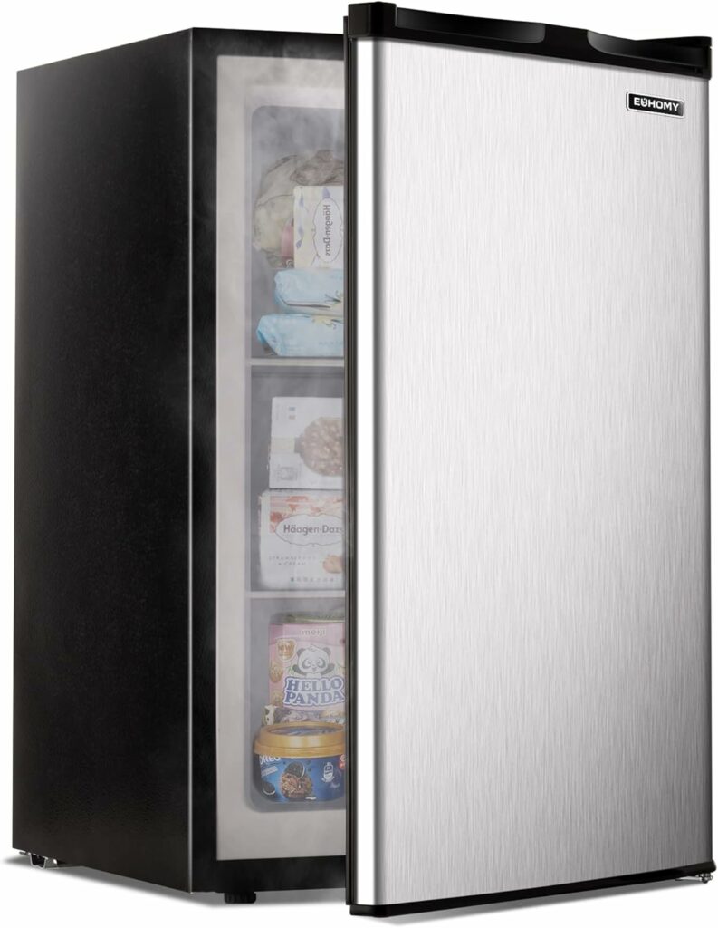 EUHOMY Upright freezer, 3.0 Cubic Feet, Single Door Compact Mini Freezer with Reversible Stainless Steel Door, Small freezer for Home/Dorms/Apartment/Office (Silver)