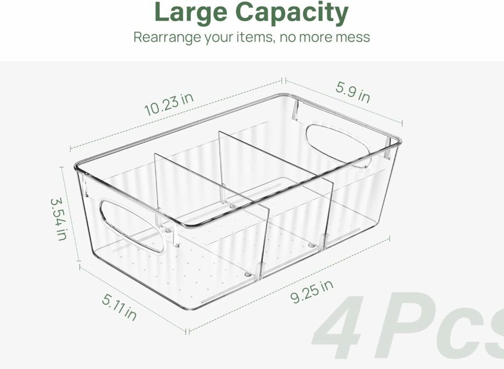 Kootek Refrigerator Organizer Bins with Removable Dividers, Freezer Organizer Bins Clear Pantry Organization and Storage Bins, Plastic Stackable Food Storage Bins for Fridge, Kitchen, Cabinet (4 Pack)